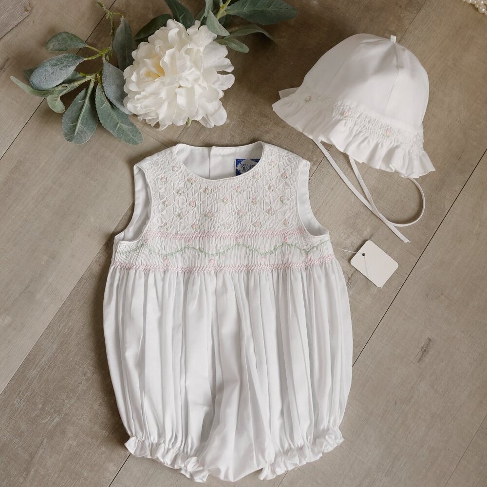 White Smocked Heirloom Romper Set with Smocked Hat GREAT FIND Size 3 Months NWOT